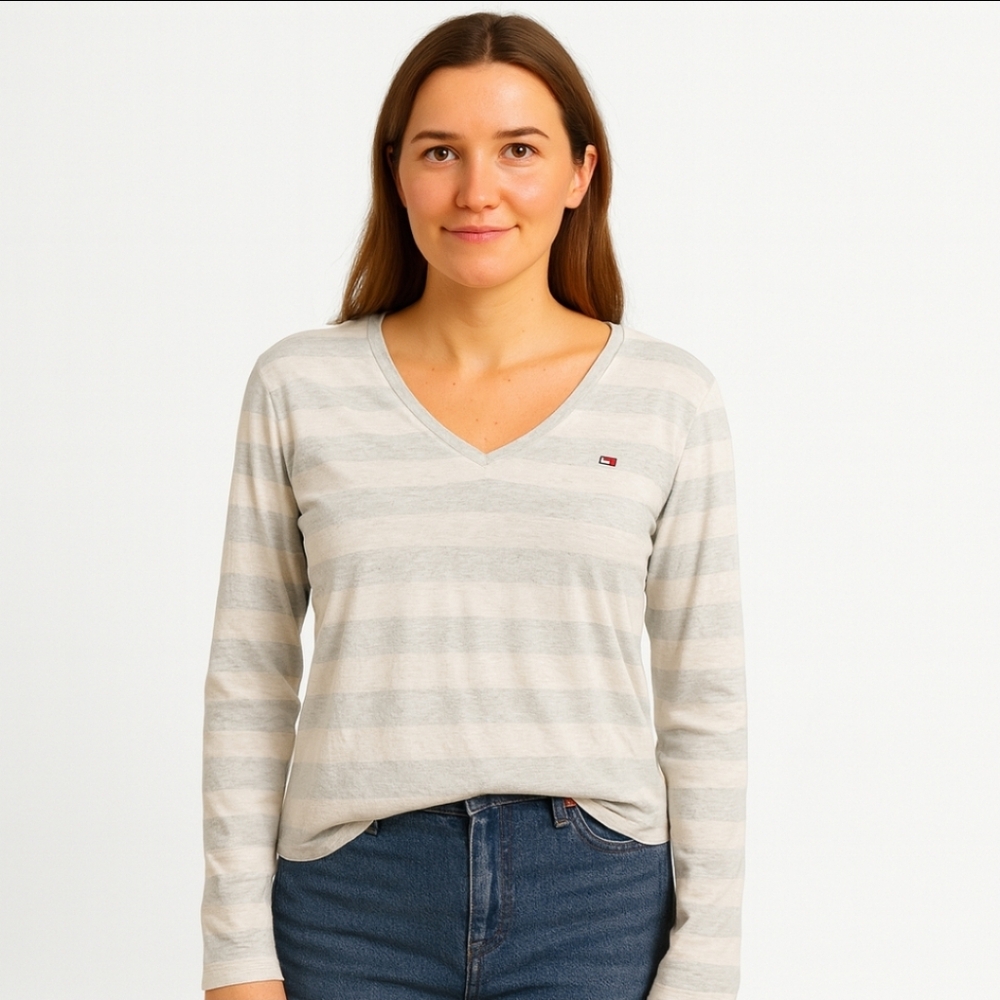 Tommy Hilfiger Gray White Preppy Nautical Logo Heritage Striped Sporty Sz XL